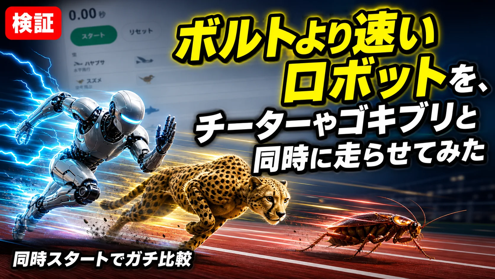 「ボルトより速いロボットを、チーターやゴキブリと同時に走らせてみた」と書かれたサムネイル。走る人型ロボット、チーター、ゴキブリがトラックに並んでいる