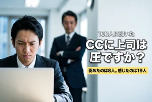 100人に聞いた／CCに上司は圧ですか？／認めたのは8人。感じたのは19人。オフィスでノートパソコンのメールを見て眉を寄せる30代の男性会社員と、その背後に腕を組んで立つ上司の写真。