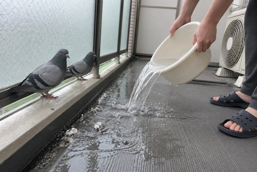洗面器の水でベランダの床を掃除している横で、鳩が逃げずに止まっている