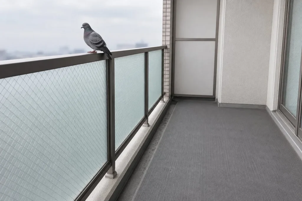 物が何も置いていない静かなベランダの手すりに、鳩が1羽だけ止まっている