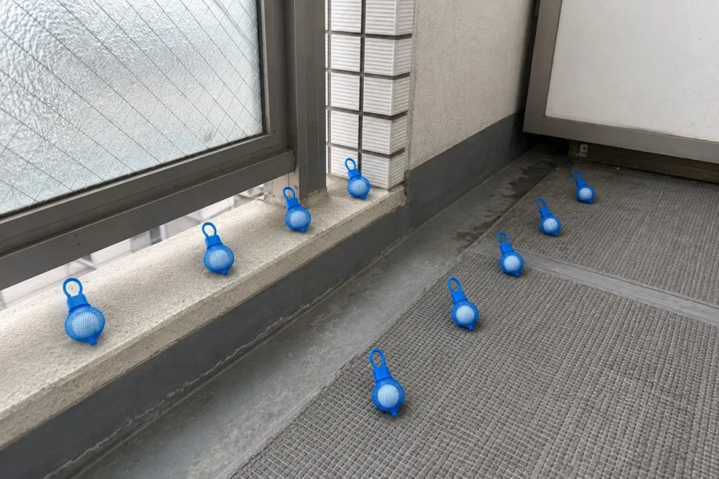 青いネットに入った固形の忌避剤を、ベランダの床と手すりの下の段にバランスよく並べた様子