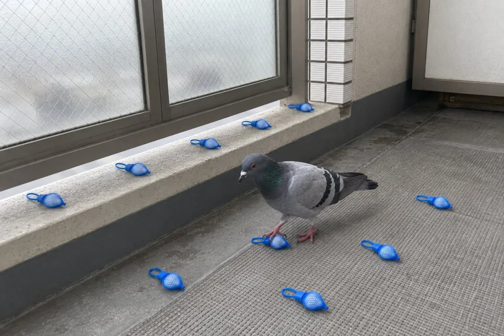 並べた固形の忌避剤の上を、鳩が平気で歩いている