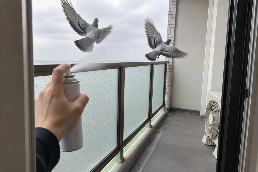 窓の内側からスプレーを向けると、手すりの鳩が飛び立っていく