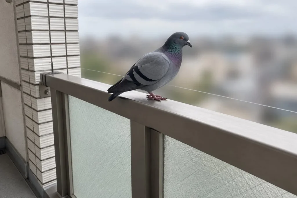 手すりに張ったテグスのすぐ横に、鳩が平然と止まっている