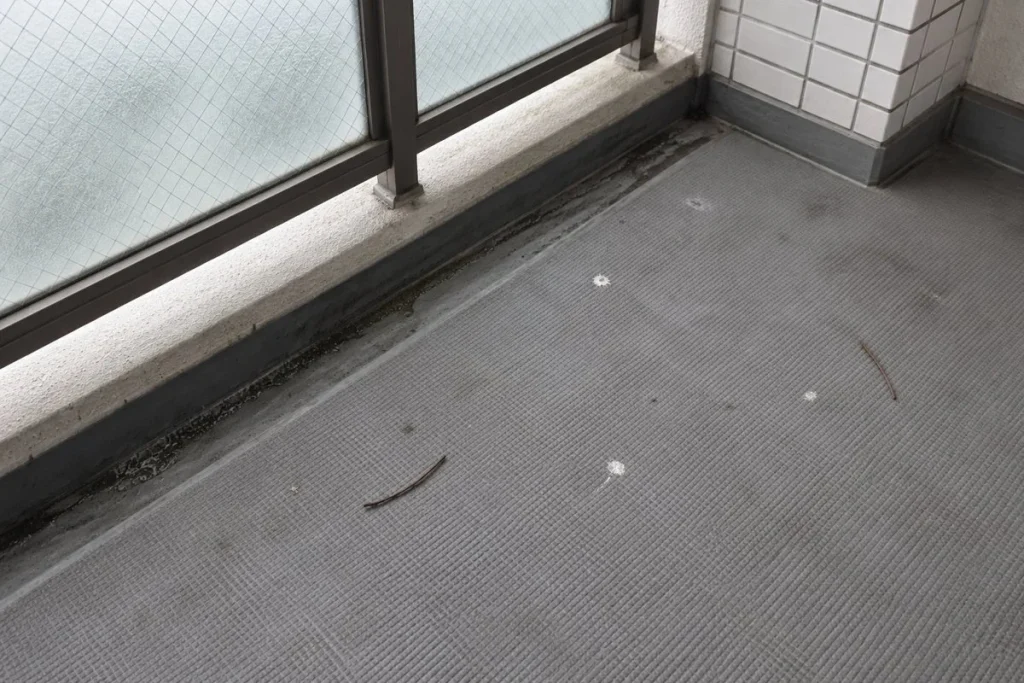 ベランダの床の隅に、鳩の糞と小枝が2本落ちている