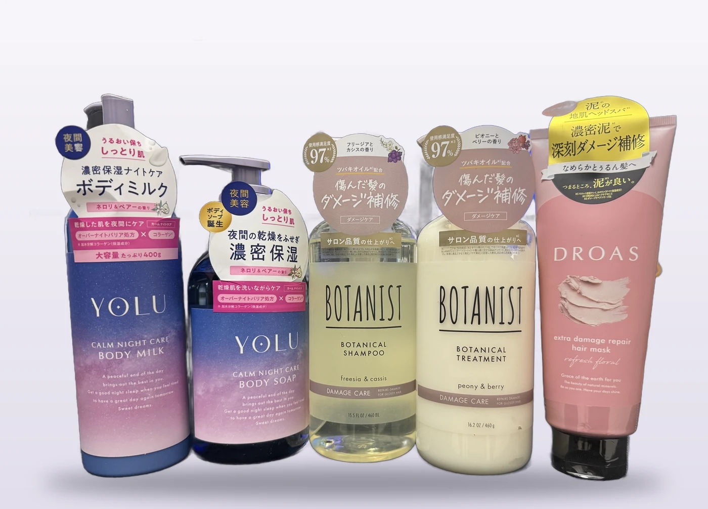 YOLUボディミルク、YOLUボディソープ、BOTANISTシャンプー、BOTANISTトリートメント、DROASヘアマスクの5本