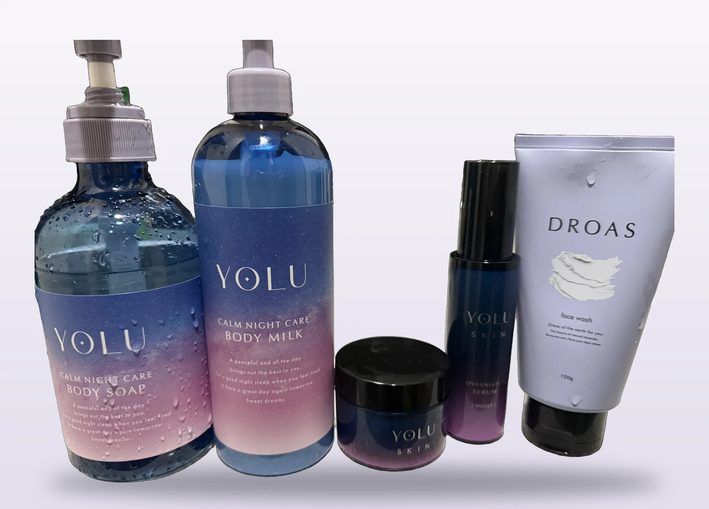 YOLUボディソープ、YOLUボディミルク、YOLU SKINクリーム、YOLU SKIN美容液、DROAS洗顔料