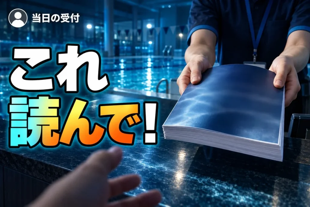 受付の机の向こうから、スタッフの手が冊子を差し出している