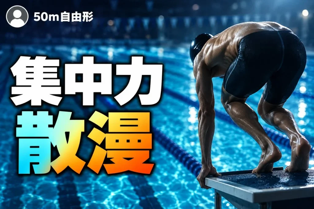 スタート台でクラウチングスタートの構えをとる競泳選手